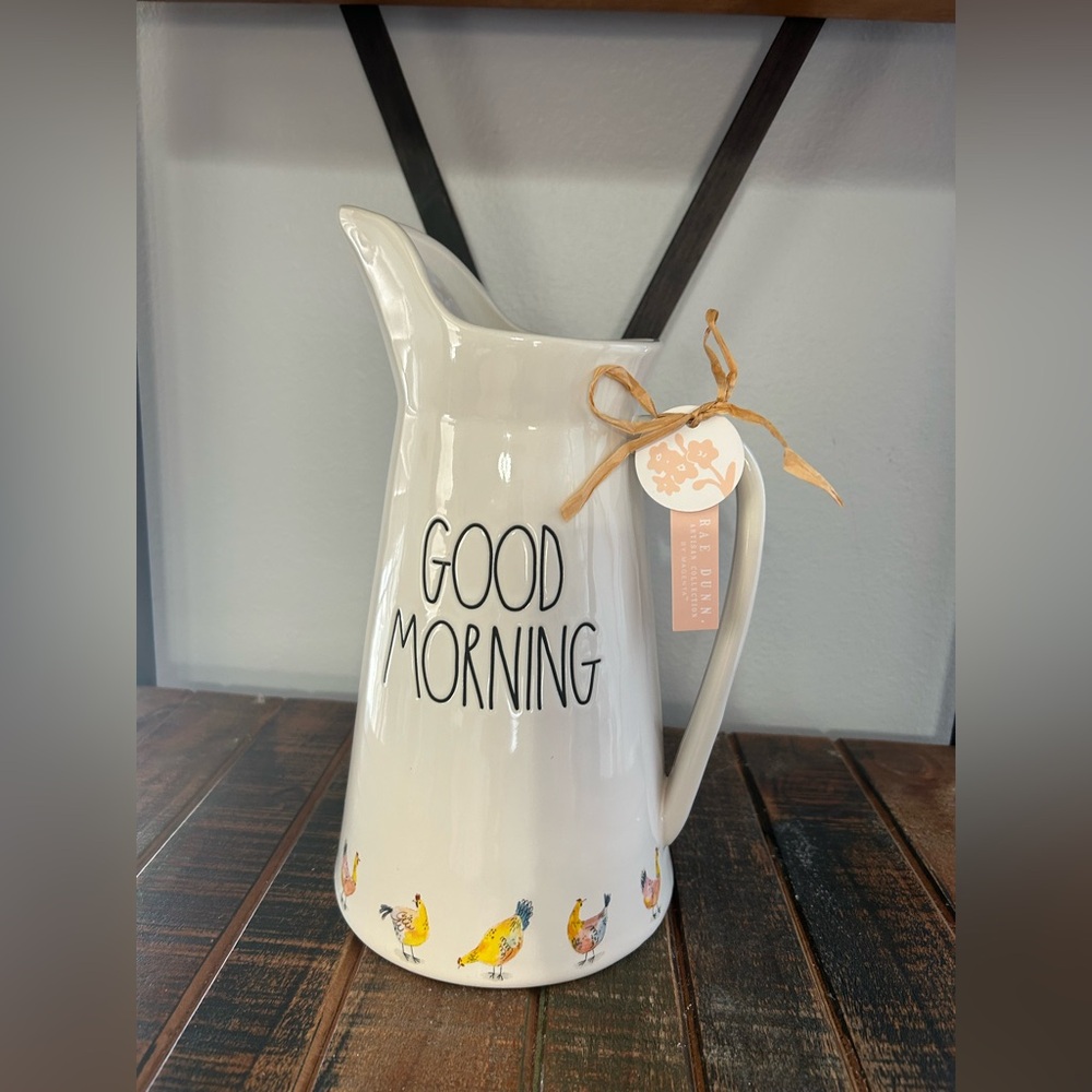 New Rae Dunn GOOD MORNING Pitcher With Chickens Farmline Farm Life NEW